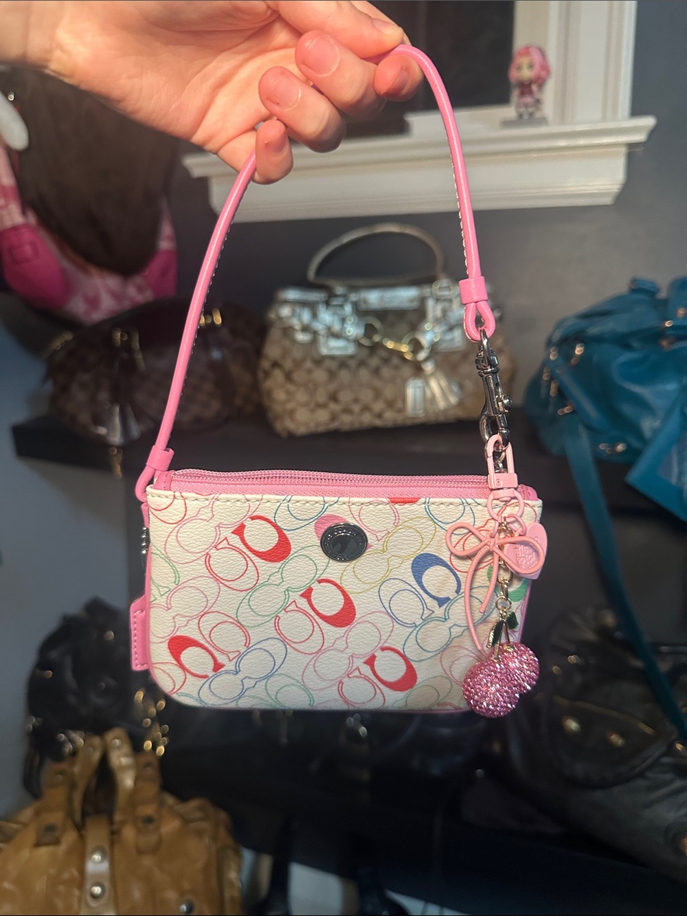 Coach Multicolor Signature Small Wristlet with Pink Trim